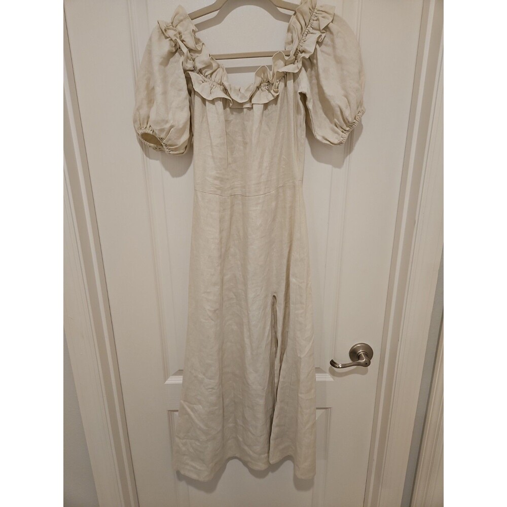 Reformation Linen Midi Dress Womens Size 2 Puff Sleeve Ruffle Neck Slit